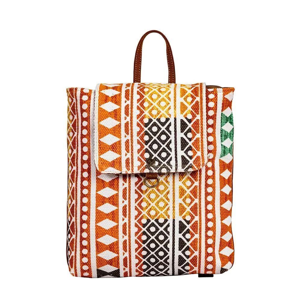 Myra Bag Handmade Chenoa Backpack Upcycled Canvas & Cowhide Leather